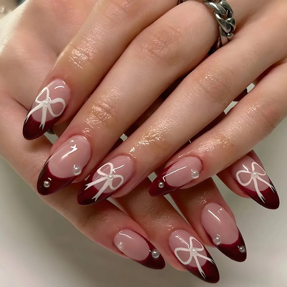French Fake Nails Red Five-pointed Star False Nails Full Cover Press on Nail Tips y2k Nail Art Almond Artificial Nail Patches