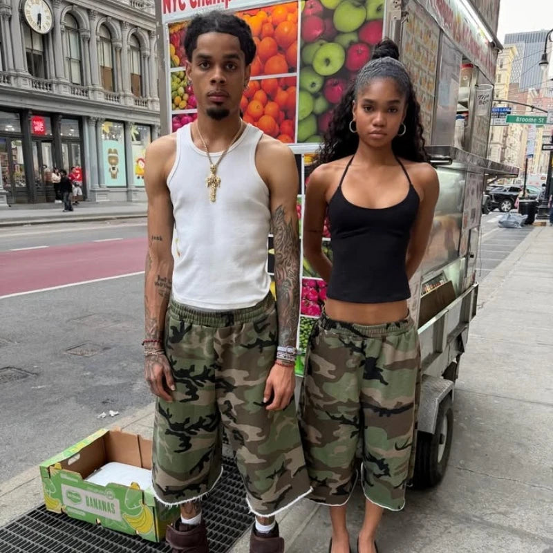 Y2K Casual Fashion Camo Shorts Camouflage Printing Pocket Burr Sweatshorts Hip Hop Harajuku Streetwear Men Women Wide Leg Pants - Planet Missy