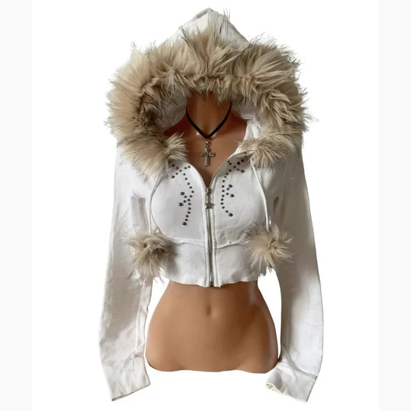 Brown fur hooded zip up - Planet Missy