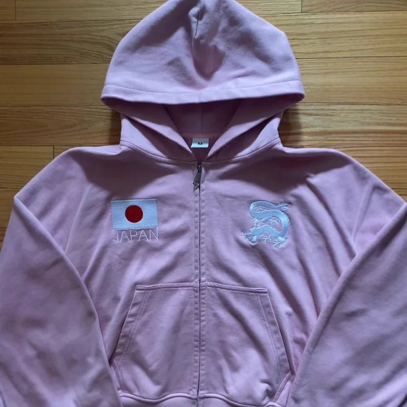 2025 Fashion  Hoodie Long Sleeve Trend New Y2k Pink Japan Embroidered Hoodie Retro Coat Street Trend Top Sportswear - Planet Missy