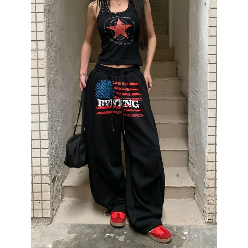 American printed wide leg joggers - Planet Missy
