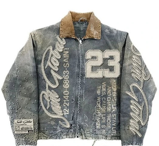 Embroidery Blue Washed Oversized  23 Jacket - Planet Missy