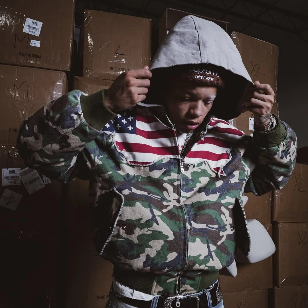 New retro hip hop camouflage patchwork flag men hoodie y2k streetwear casual goth loose hoodie for men and women - Planet Missy