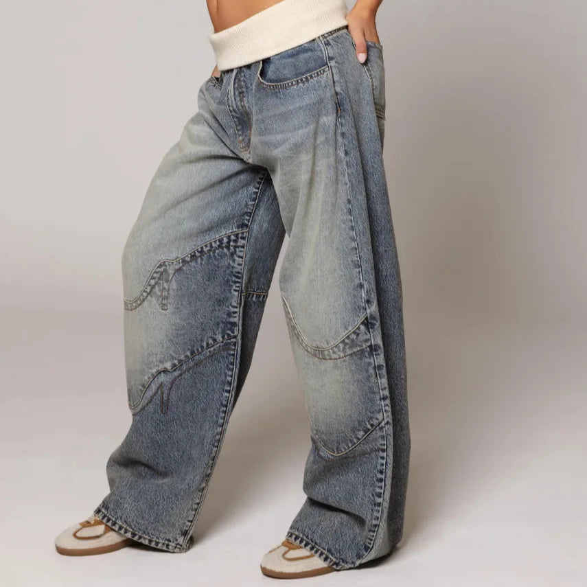 Fold Over Denim Pants - Planet Missy