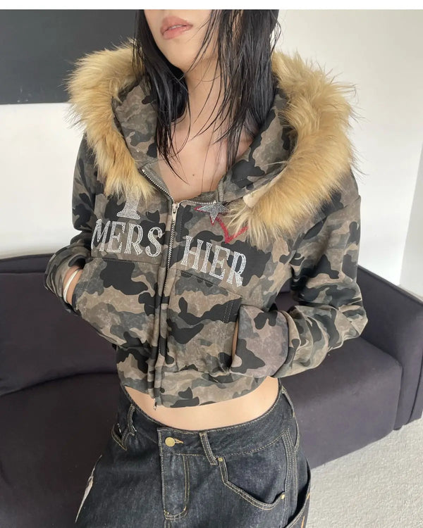 Camo Crop Hoodie - S
