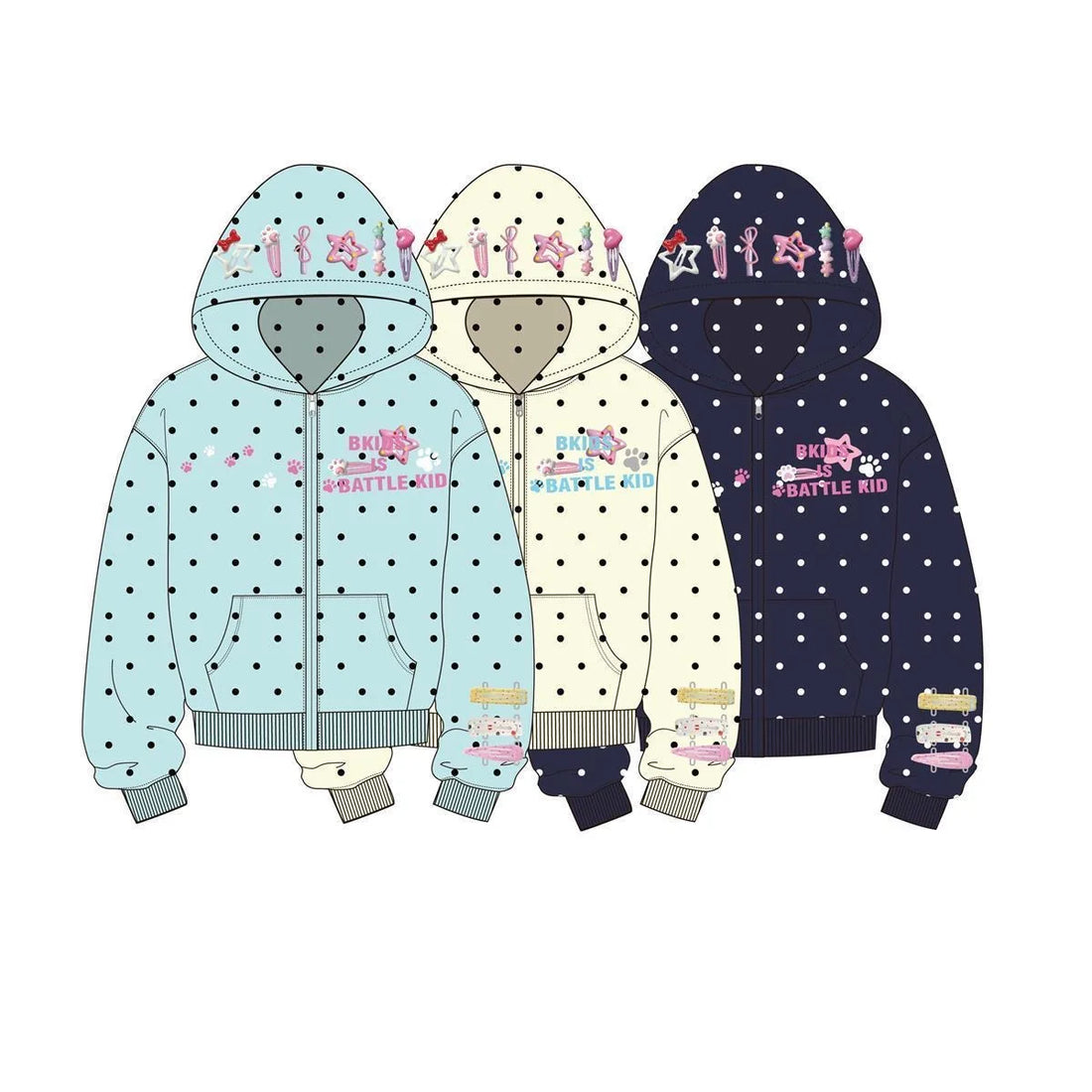 Korean Retro Interesting Design Detachable Hairpin Sweatshirt New Sweet Cute Retro Y2K Zipper Jacket Mint Blue Polka Dot Hoodie - Planet Missy