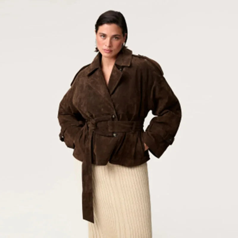 Brown Suede Trench Coat Jacket - Planet Missy