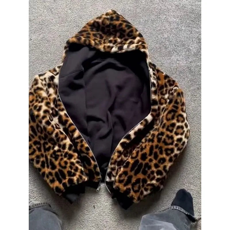 Leopard print plush zipper