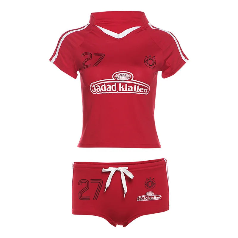 American Style Spicy Girl Sports Retro Suit Summer Letter Print Slim Fit Short Sleeved T-shirt Low Waist Drawstring Shorts - Planet Missy