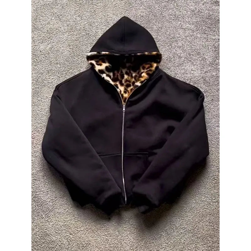 Leopard print plush zipper