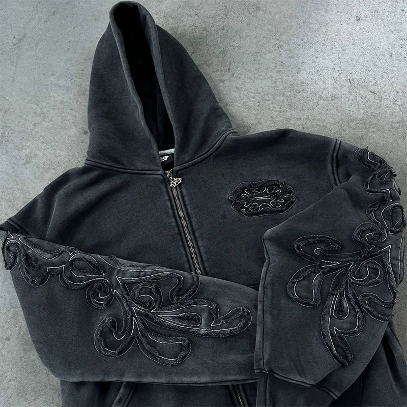 Graphic Embroidery Zipper Hoodie