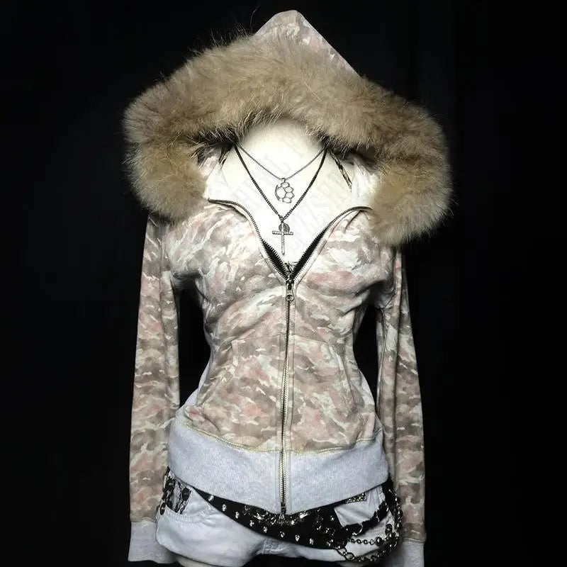 Faux Fur Collar Camouflage Jacket