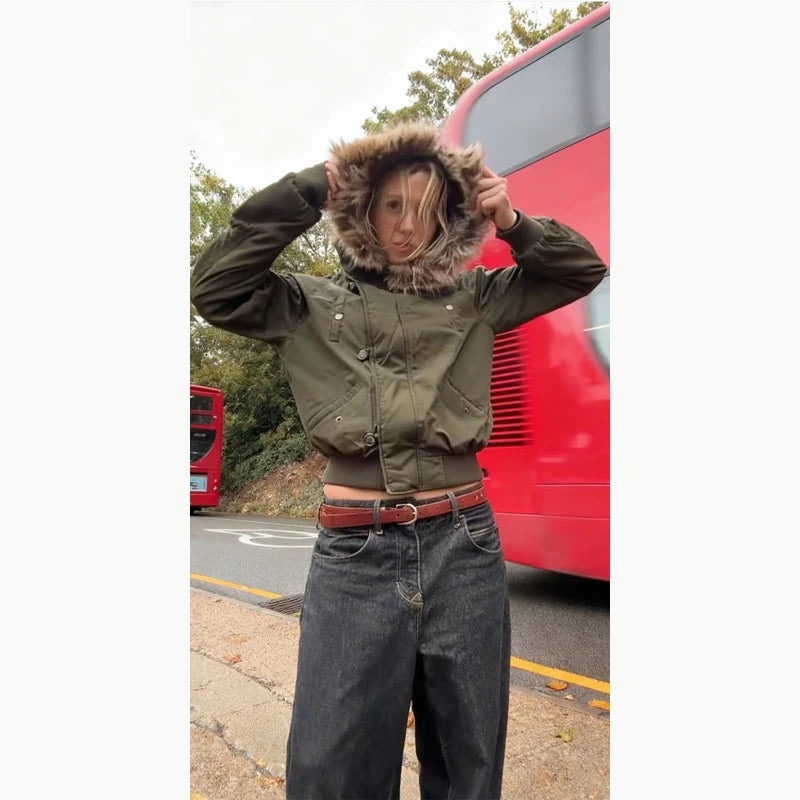 Khaki Y2K Faux Fur Hooded Coat