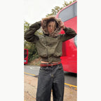 Khaki Y2K Faux Fur Hooded Coat