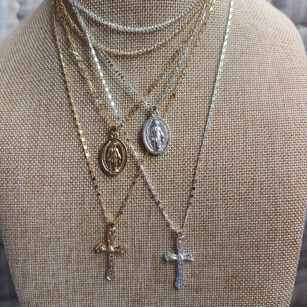Three layer Necklace Oval-shaped Virgin Mary Madonna Pendant Jesus Cross metal plated Chain Women Gift