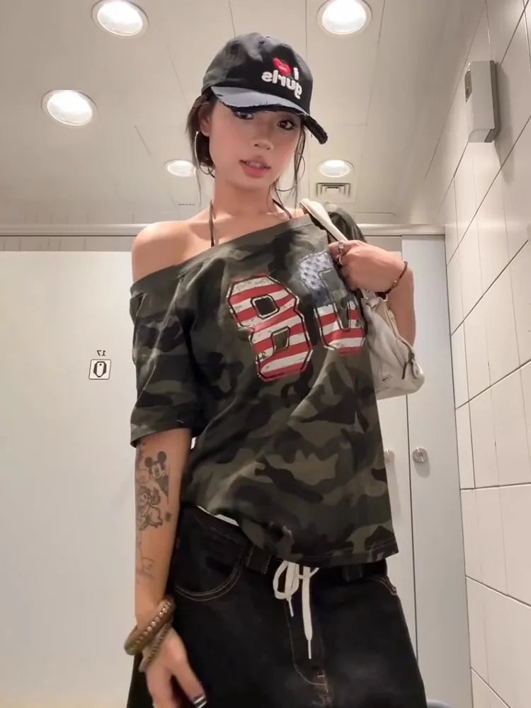 Off shoulder Camouflage  T-shirt - Planet Missy