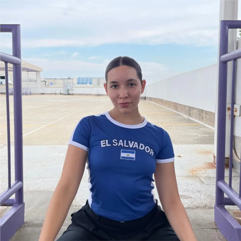 Summer El Salvador Y2K Baby Tee Slim Fit T-shirt Women's Sexy Short Sleeved O-neck Basic Blue Sports Casual Style Crop Tops - Planet Missy