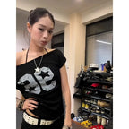 Off shoulder black number tee