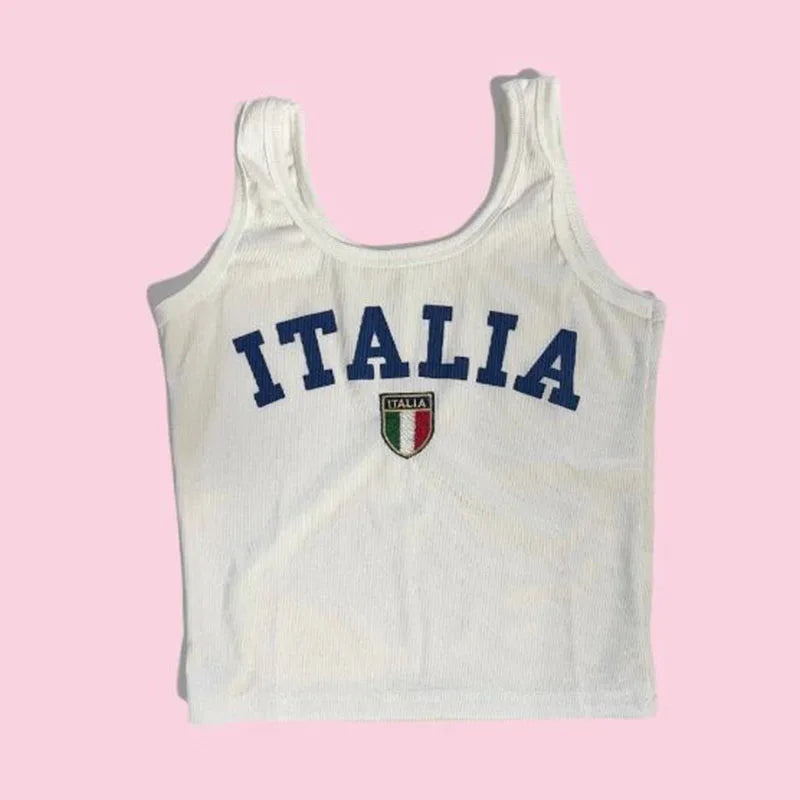 Punk Aesthetic Retro ITALIA Letter Print Sleeveless Vest Summer Sexy Crop Top Y2k Clothes Women Vintage Harajuku Casual TankTop - Planet Missy