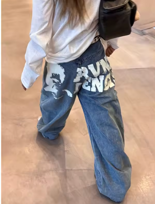 Vintage Printing Denim Trousers – Blue Jeans - Planet Missy