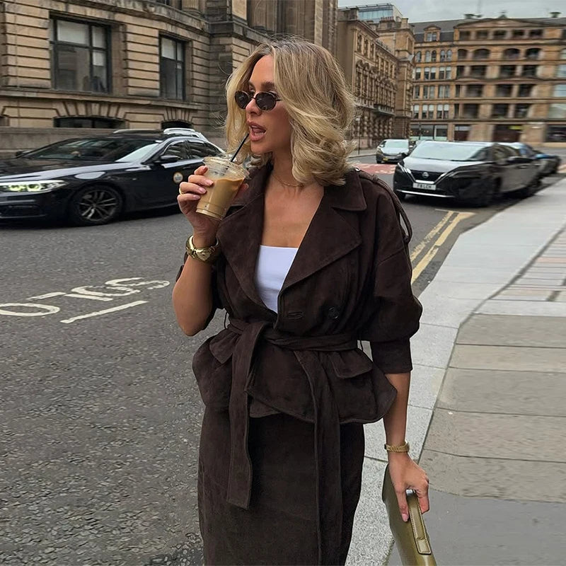 Brown Suede Trench Coat Jacket - Planet Missy