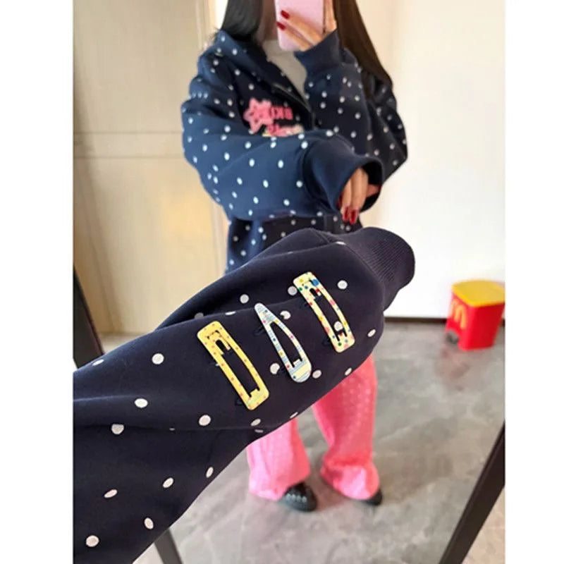 Korean Retro Interesting Design Detachable Hairpin Sweatshirt New Sweet Cute Retro Y2K Zipper Jacket Mint Blue Polka Dot Hoodie - Planet Missy