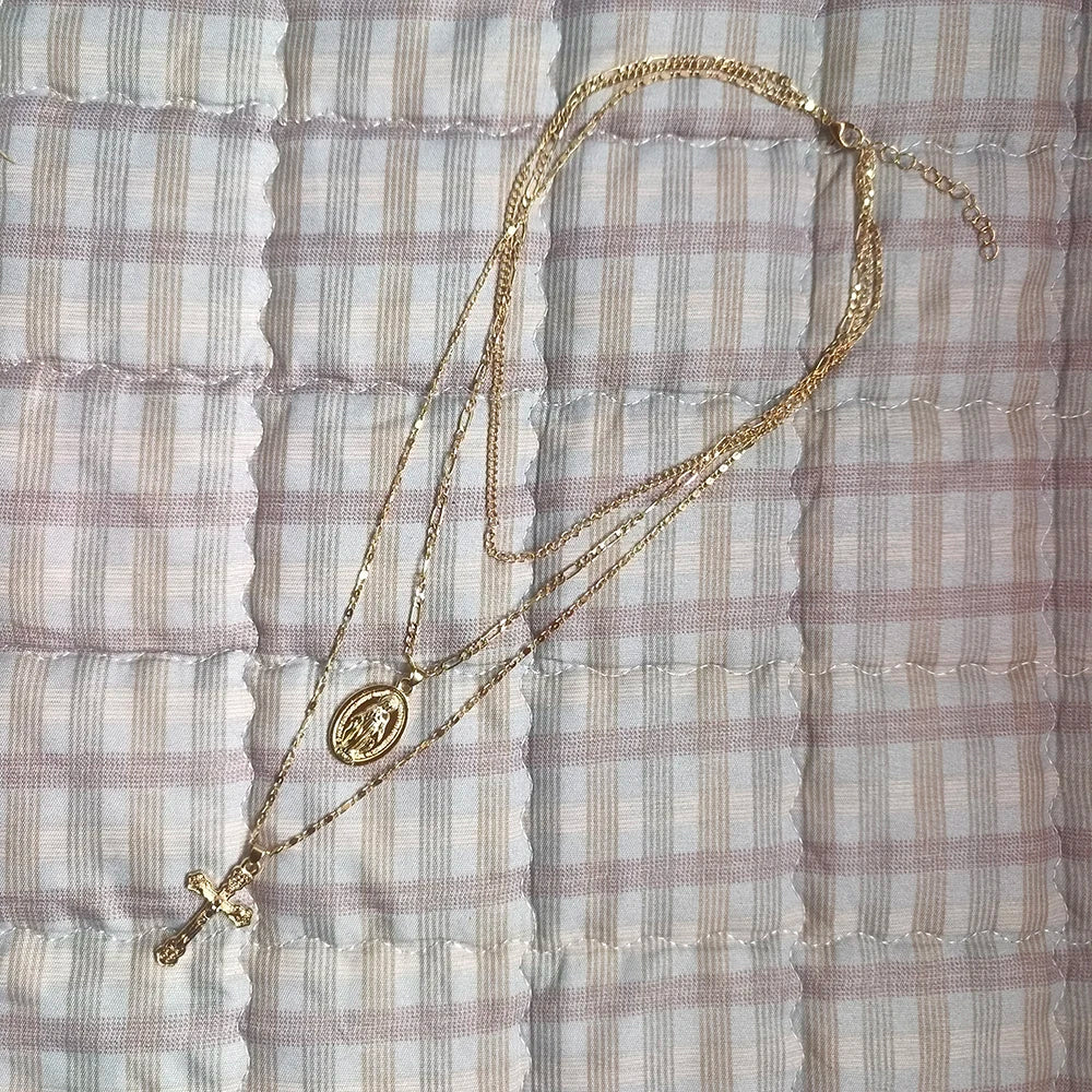 Three layer Necklace Oval-shaped Virgin Mary Madonna Pendant Jesus Cross metal plated Chain Women Gift