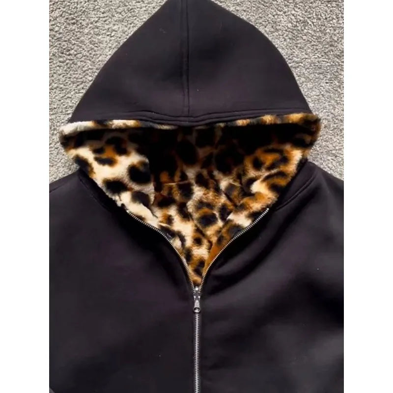 Leopard print plush zipper