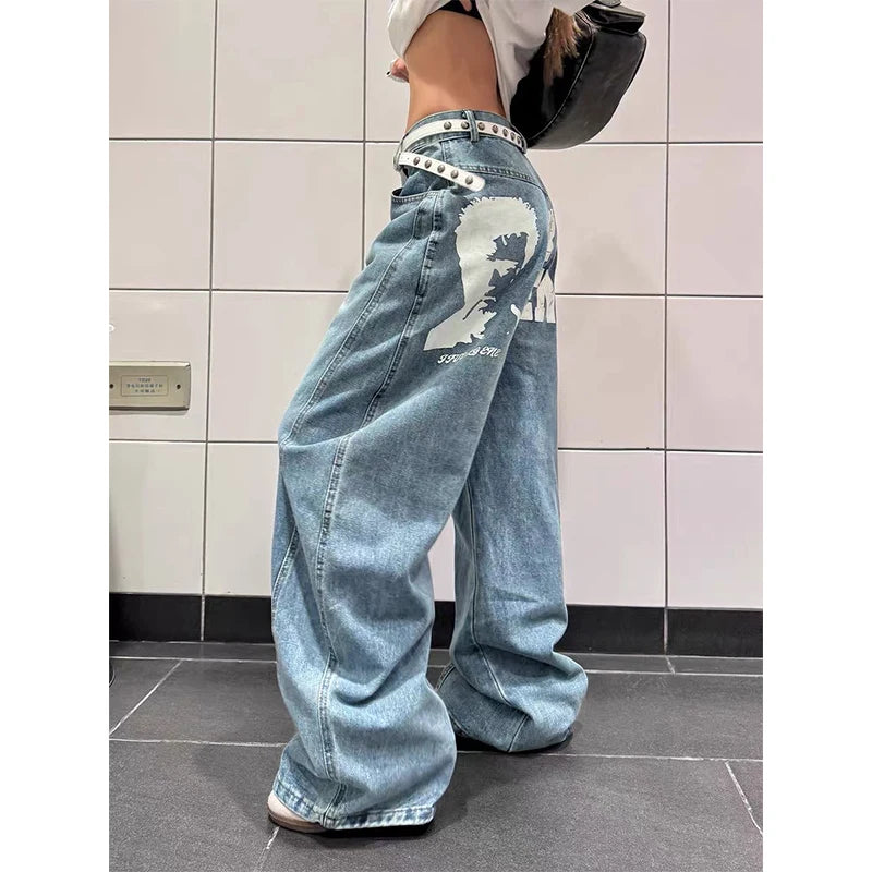 Vintage Printing Denim Trousers - Planet Missy