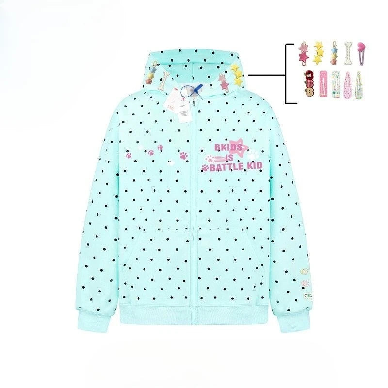 Korean Retro Interesting Design Detachable Hairpin Sweatshirt New Sweet Cute Retro Y2K Zipper Jacket Mint Blue Polka Dot Hoodie - Planet Missy