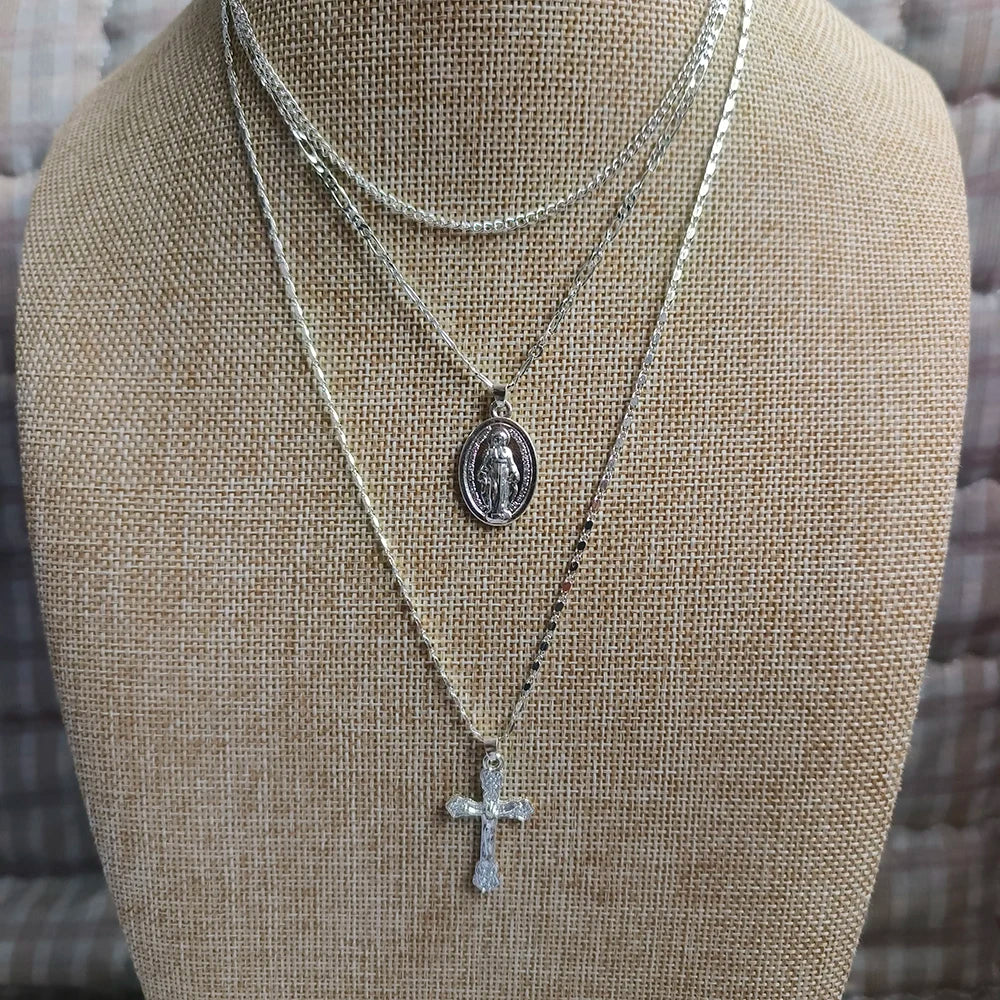 Three layer Necklace Oval-shaped Virgin Mary Madonna Pendant Jesus Cross metal plated Chain Women Gift