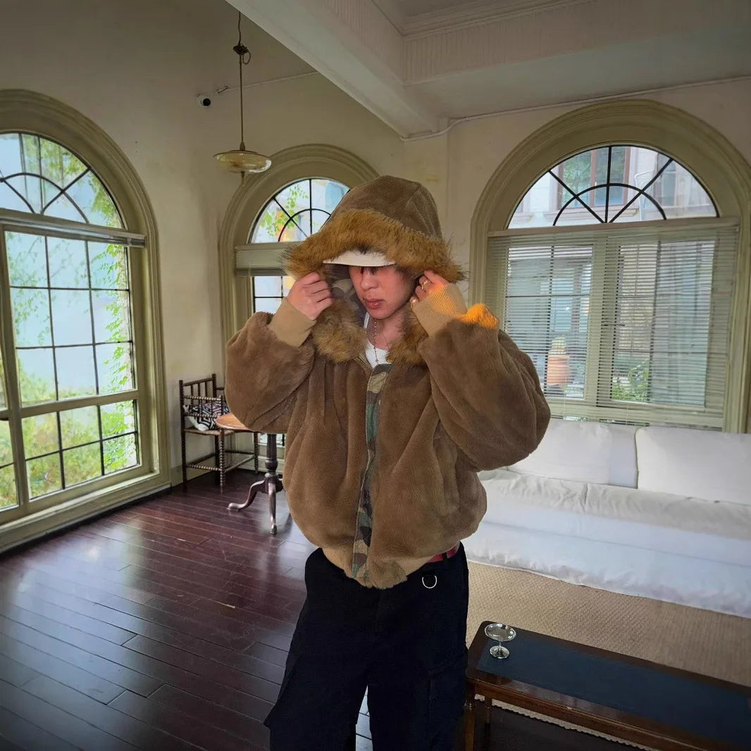 Abrigo de invierno para hombre, cálido, chaqueta de camuflaje reversible, parka de algodón grueso con cuello de piel, abrigo de estilo militar para exteriores