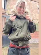 Khaki Y2K Faux Fur Hooded Coat