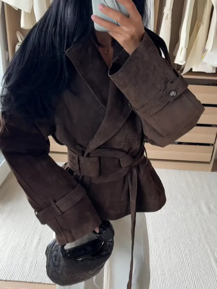 Brown Suede Trench Coat Jacket - Planet Missy