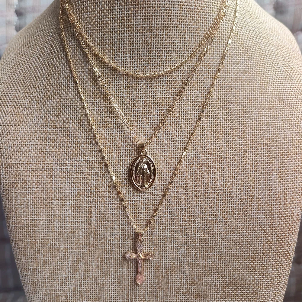 Three layer Necklace Oval-shaped Virgin Mary Madonna Pendant Jesus Cross metal plated Chain Women Gift