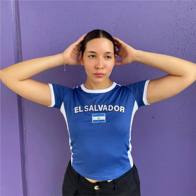 Summer El Salvador Y2K Baby Tee Slim Fit T-shirt Women's Sexy Short Sleeved O-neck Basic Blue Sports Casual Style Crop Tops - Planet Missy