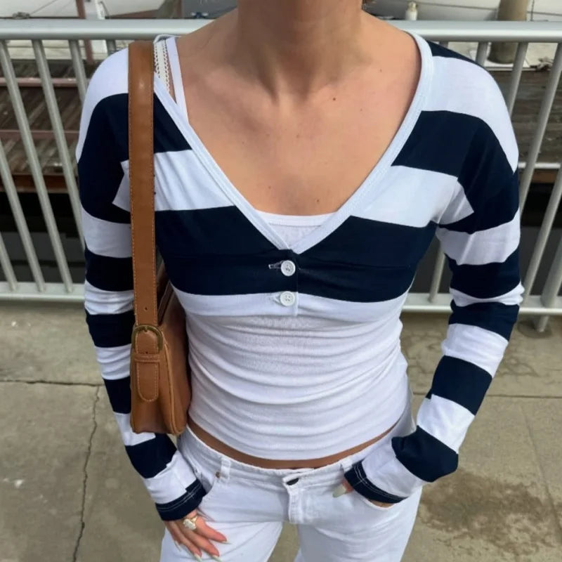 Y2K Vintage  Crop Top Casual Button O-neck Long Sleeves Cardigan T-shirt Retro Harajuku Grunge Super-short Smock Top Tees - Planet Missy