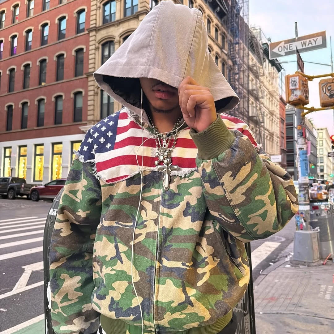 New retro hip hop camouflage patchwork flag men hoodie y2k streetwear casual goth loose hoodie for men and women - Planet Missy