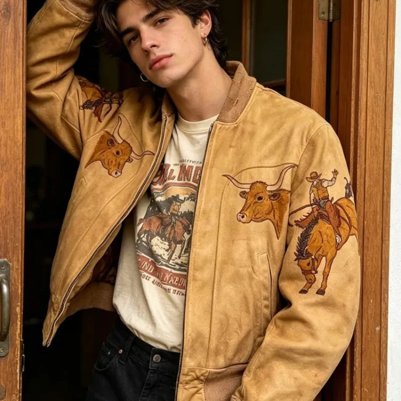 Y2K Vintage Baseball Jacket Street Fashion Western Denim Pattern Zipper Jacket American Harajuku Men Women Oversized Streetwear - Planet Missy