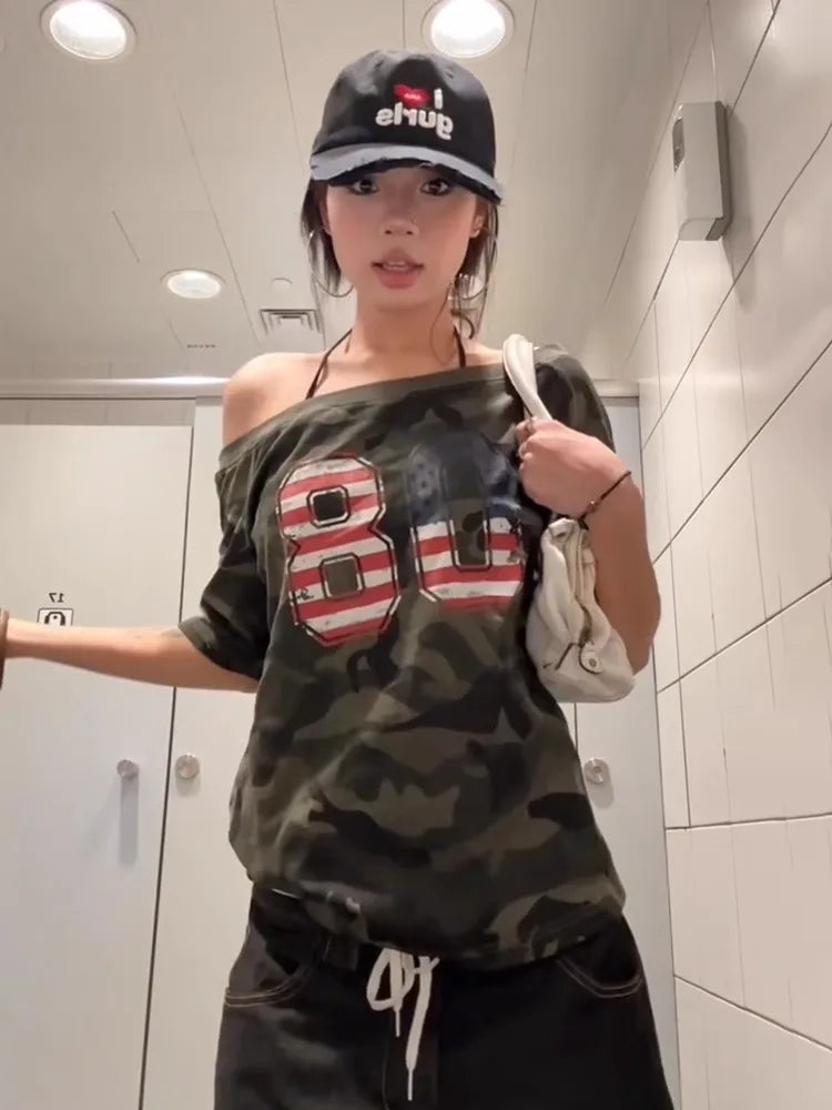 Off shoulder Camouflage  T-shirt - Planet Missy