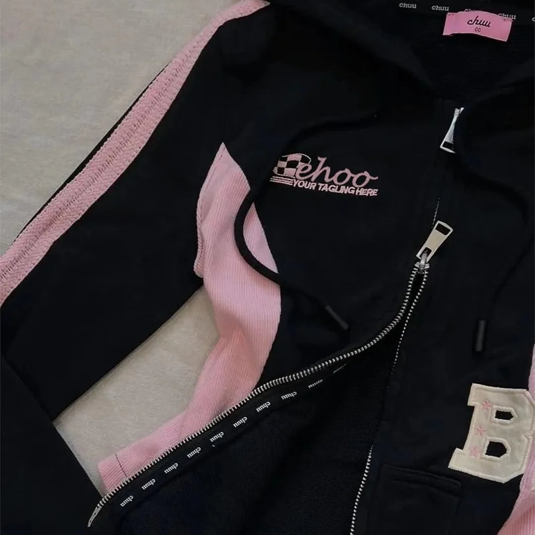 Sudadera con cremallera estética de los 2000 para mujeres, chaqueta casual negra, ajuste ceñido, cintura con cordón, manga larga, moda streetwear, abrigo 2025