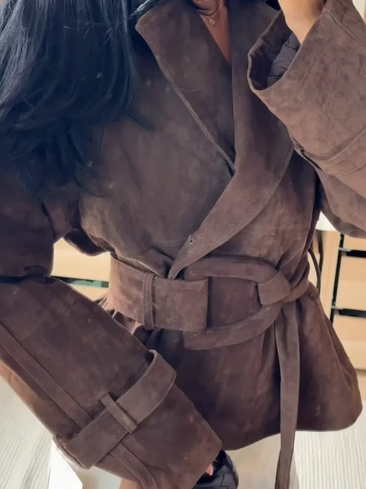 Brown Suede Trench Coat Jacket - Planet Missy