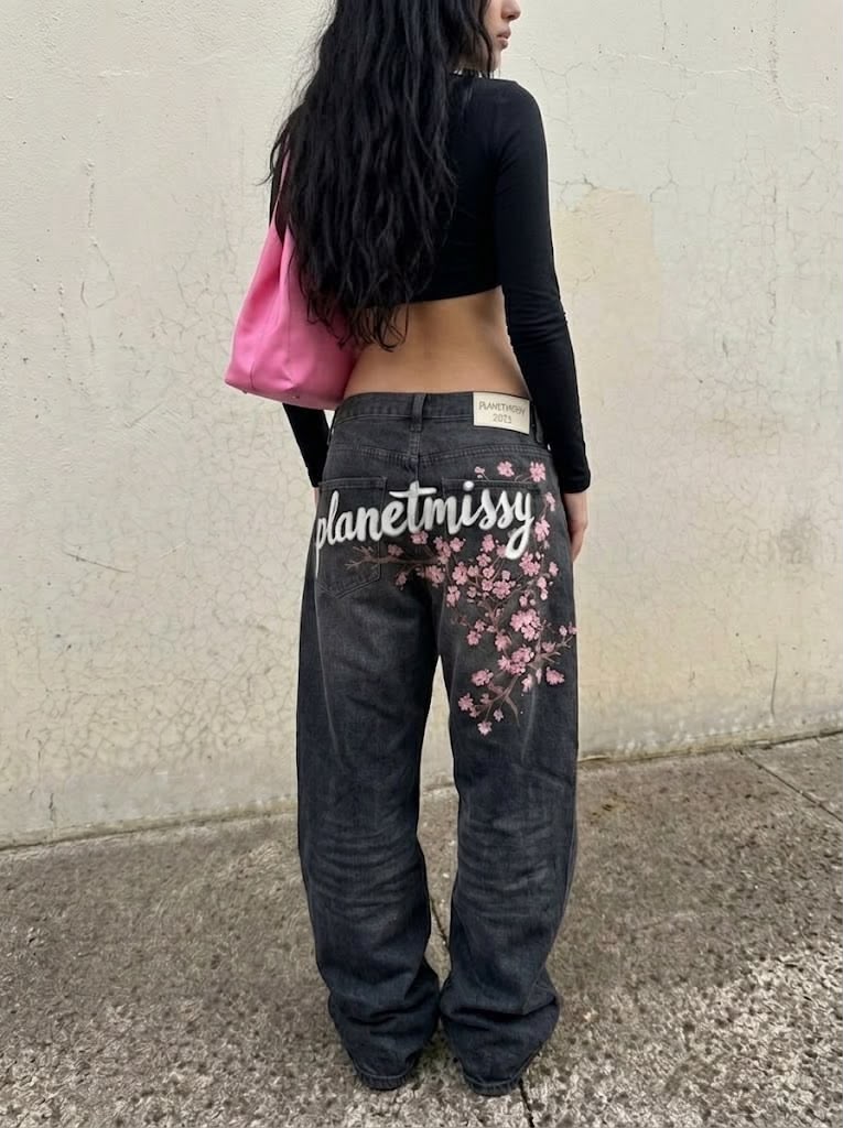 Black Midnight Cherry Blossom Jeans - PRE-ORDER ITEM