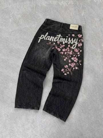 Black Midnight Cherry Blossom Jeans - PRE-ORDER ITEM