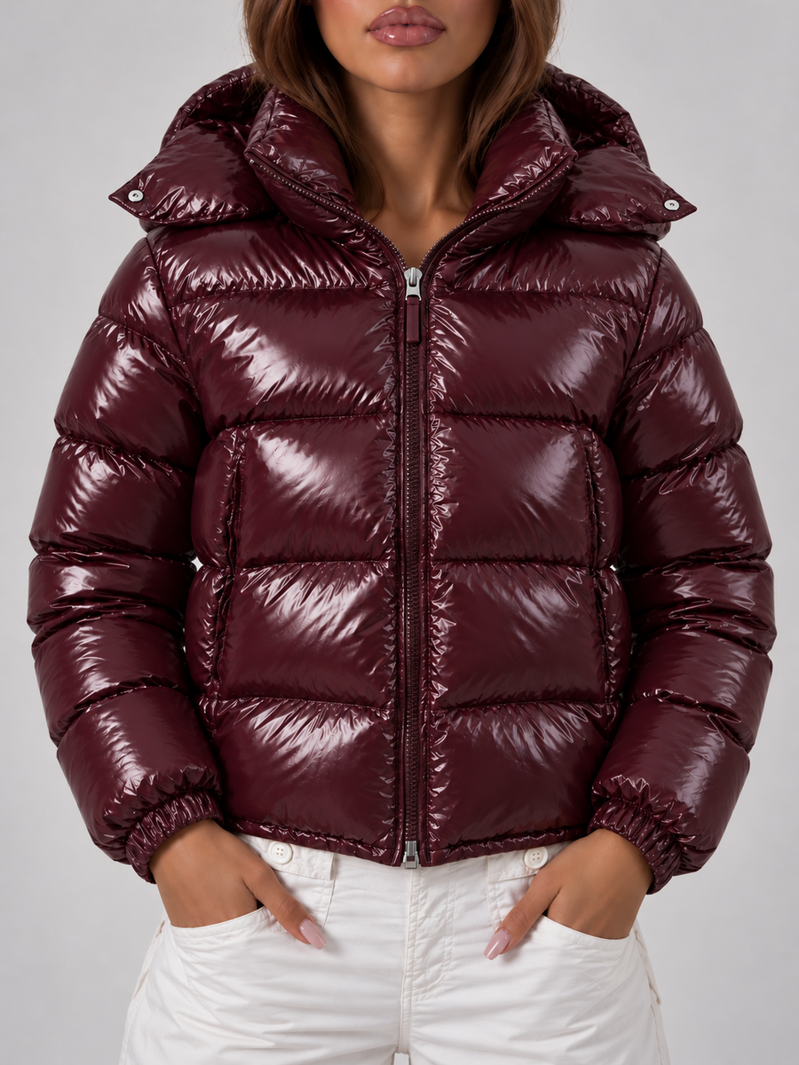 Glossy Zipper Hooded Coat - Red - Planet Missy
