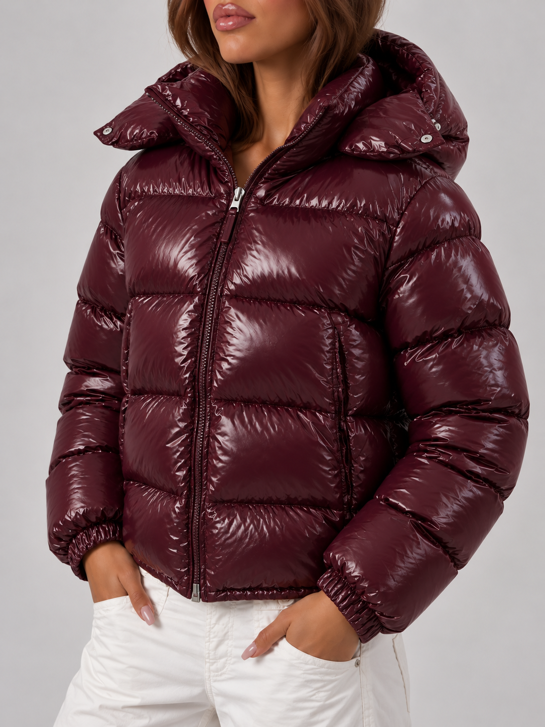 Glossy Zipper Hooded Coat - Red