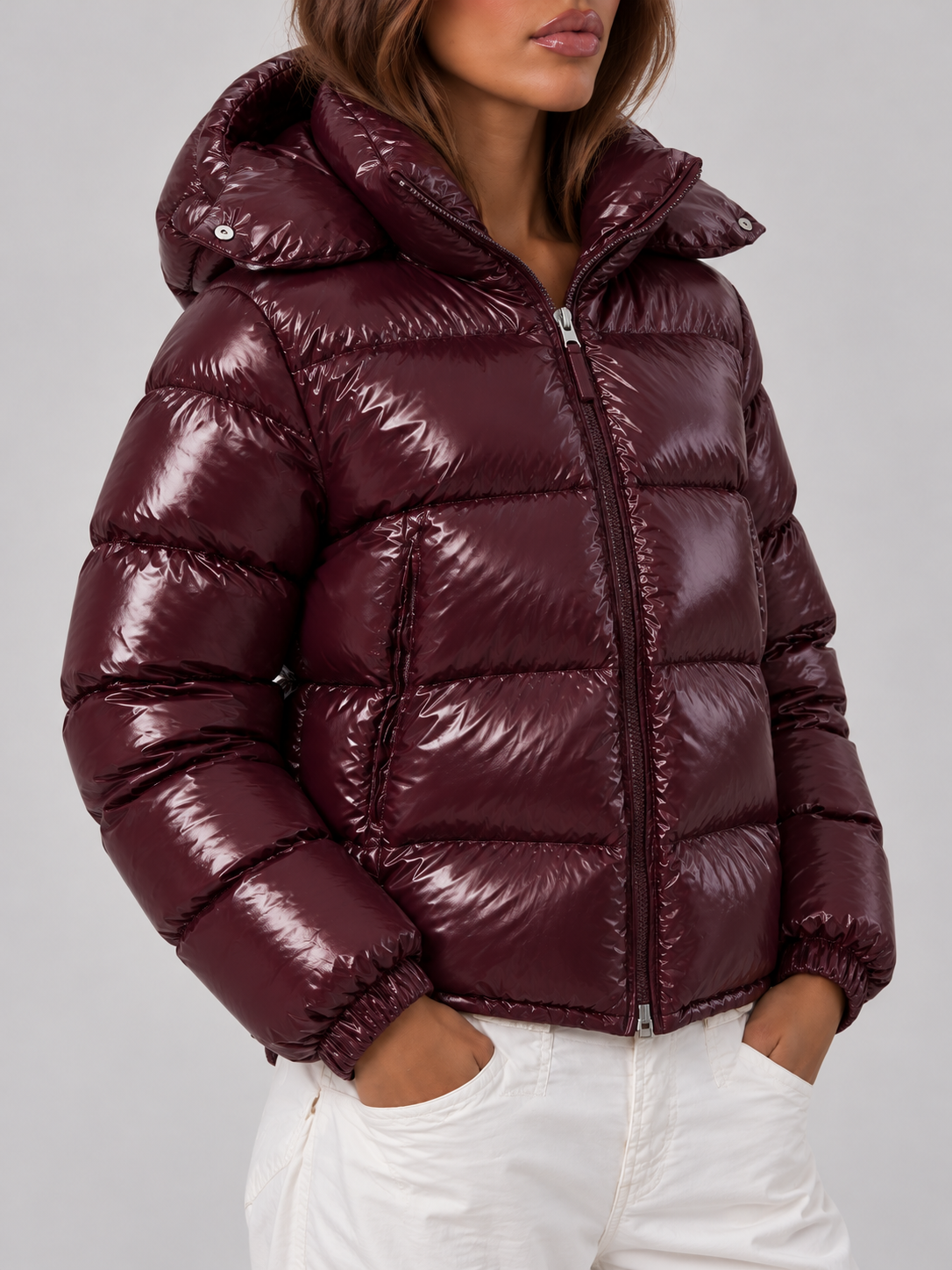 Glossy Zipper Hooded Coat - Red