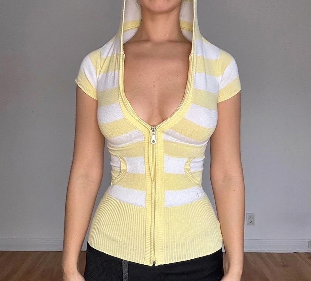 Yellow Striped Zip Hoodie Top - Planet Missy