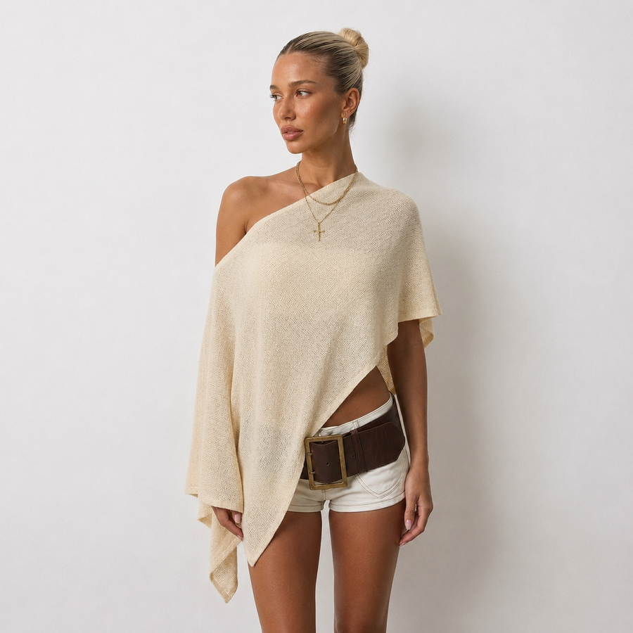 Asymmetric Cape Poncho Top Knit – Cream, Black - Planet Missy