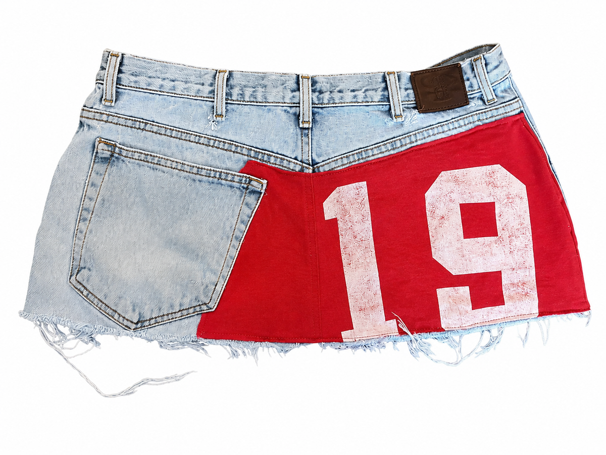 Red Applique Print Denim Skirt - Planet Missy
